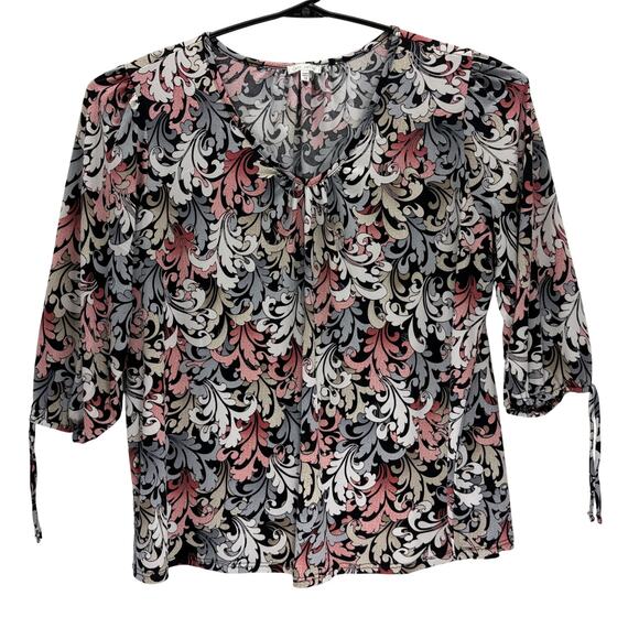 Ava James White Black Gray Floral Polyester Blend 3/4 Sleeve Top Womens 1X Shirt - Picture 1 of 5